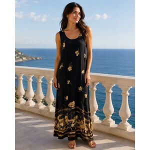 Country Wear Collection Black Gold Floral Sleeveless Maxi Dress XL Shift Lined